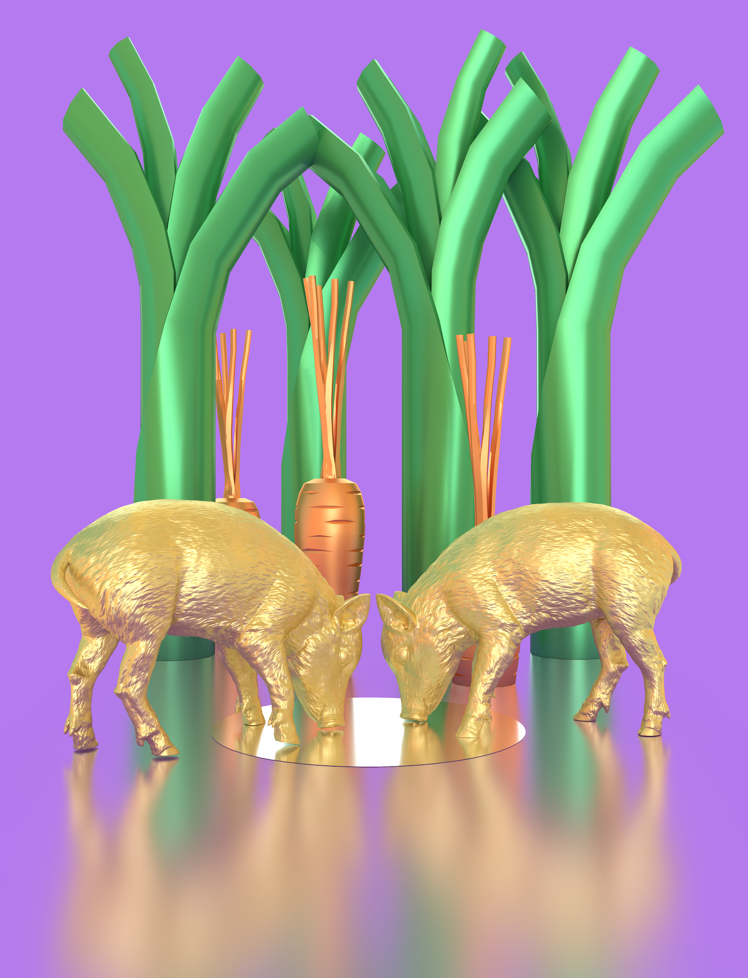 Eine Grafik zeigt vor lila Hintergrund zwei goldene Ferkel, die aus einer goldenen Pfütze schlürfen. Hinter ihnen ragen übergroße Lauchstangen und Karotten wie Bäume in die Luft. Die Szenerie spiegelt sich unscharf.